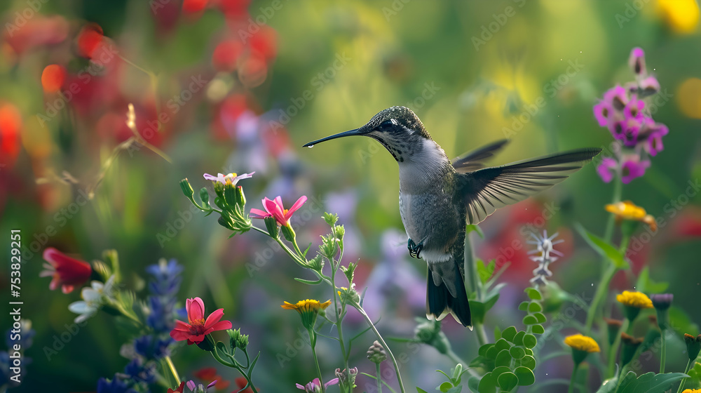 Fototapeta premium A hummingbird sipping nectar from a cluster of vibrant wildflowers