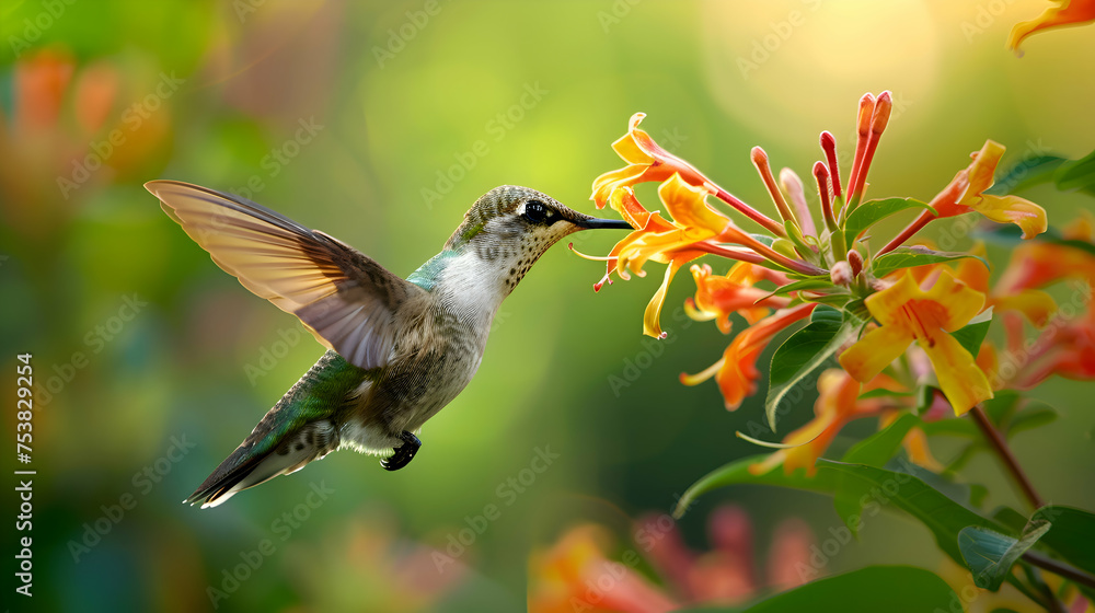 Fototapeta premium A hummingbird sipping nectar from a trumpet-shaped honeysuckle flower