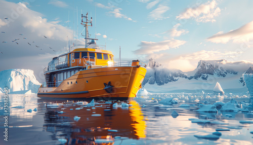Yellow Research vessel moving by polar sea waters between huge icebergs mountains during long polar day. Climate change, Global warming and flora and fauna researching in polar zones concept.