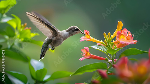 A hummingbird sipping nectar from a trumpet-shaped honeysuckle flower