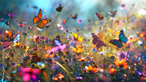 A kaleidoscope of butterflies fluttering amidst vibrant wildflowers