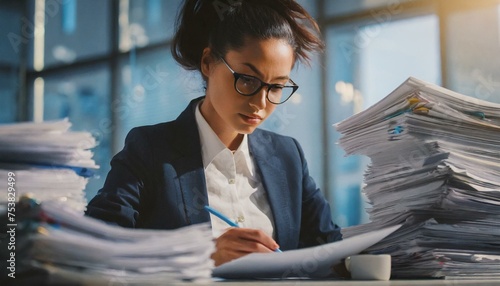 Businesswoman working in stacks of paper files for searching information on work desk in office, business report papers, piles of unfinished documents photo