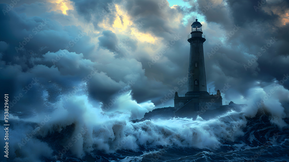 A lone lighthouse stands resilient against roaring waves