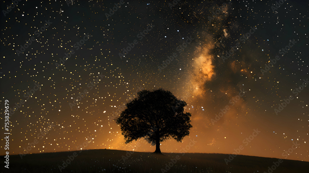 A lone tree silhouetted against a tapestry of stars A lone tree silhouetted against a tapestry of stars