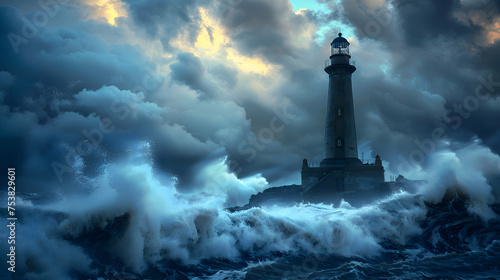 A lone lighthouse stands resilient against roaring waves © Muhammad