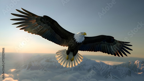A majestic bald eagle soaring gracefully across a clear sky