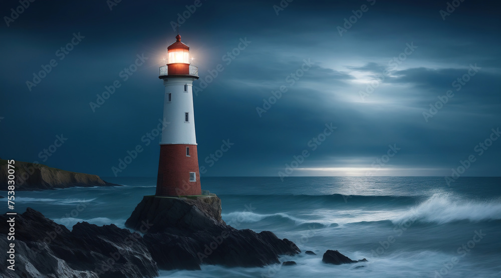 A lighthouse on the seashore shines at night