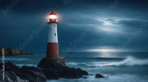 A lighthouse on the seashore shines at night