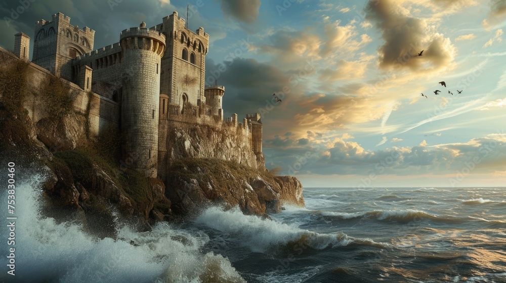 A historic medieval castle on a cliff, ocean waves crashing below, dramatic sky, knights and horses, period architecture. Resplendent. - obrazy, fototapety, plakaty 