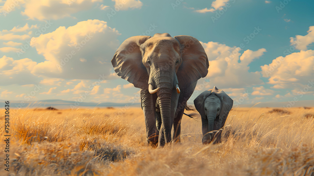 Obraz premium A mother elephant leading her adorable calf through the savannah