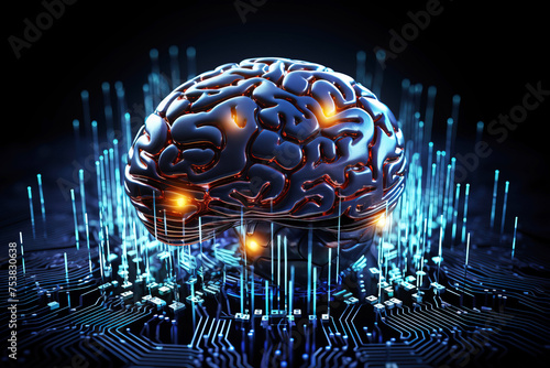 Human brain combined with artificial intelligence technology, connected to a computer board, digital brain and cyberspace