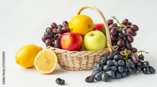Wicker basket with different fruits on white background  top view