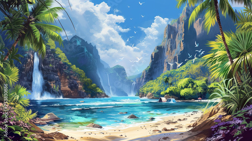 Tropical seascape with clear water in the sea, palm trees on the shore on a sunny day, perfect place for relaxation
