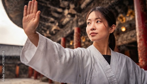 Shaolin worrior monk practicing kung fu inside temple