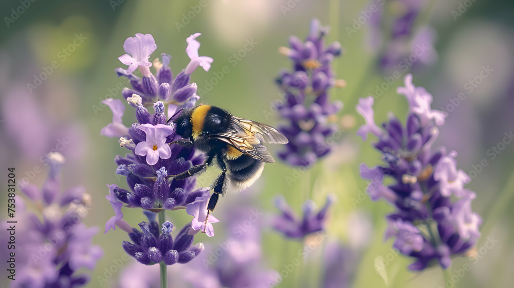 A plump bumblebee gathering pollen from a cluster of lavender blooms A plump bumblebee gathering pollen from a cluster of lavender blooms