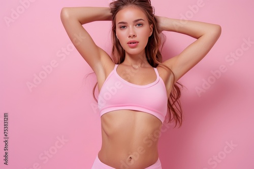 Close-up of a young woman in pink sportswear with a flat stomach posing against a pink background