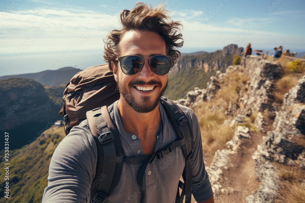 Cheerful hiker taking a selfie with a breathtaking mountain backdrop