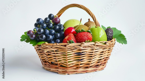 Fruits in basket isolated. Fresh pineapple, tangerines, grapefruit, sweetie, pears and persimmon fruit. White background.
