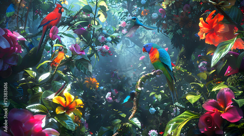 A riot of colors as exotic birds flit among tropical blooms
