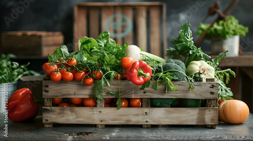 A rustic wooden crate overflowing with freshly picked vegetables