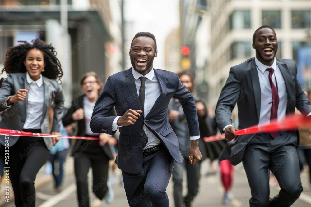 Group of businessmen in suits at running marathon competition run to finish line, concept of perfect candidate and team building work with colleagues. Group of businessmen in suits at running marathon competition run to finish line, concept of perfect candidate and team building work with colleagues.