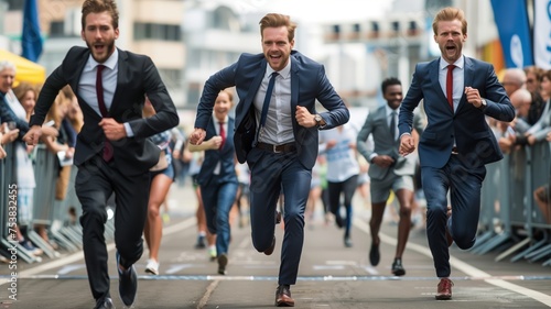 Group of businessmen in suits at running marathon competition run to finish line  concept of perfect candidate and team building work with colleagues.