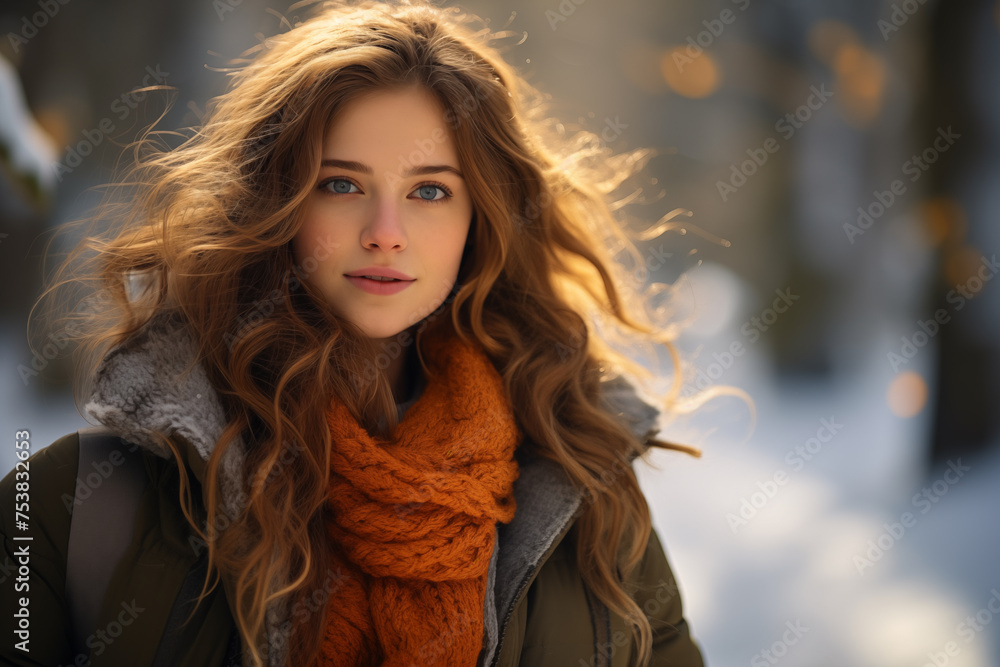 WoCheerful woman wrapped in a cozy orange scarf, enjoying a snowy winter WoCheerful woman wrapped in a cozy orange scarf, enjoying a snowy winter