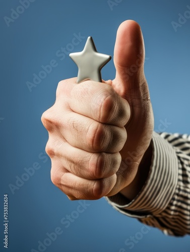 Close-up of hand giving a thumbs-up with star - A person's hand gesturing thumbs-up holding a white star, symbolizing approval or rating against a blue background photo