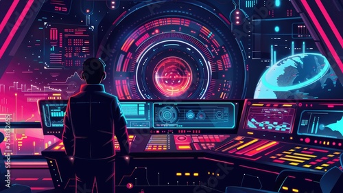 Fototapeta Naklejka Na Ścianę i Meble -  Command center overlooking earth from space - High-tech space station command center overlooking planet Earth, with a figure observing operations