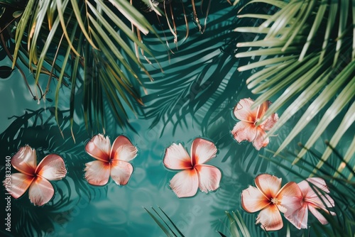 Floating flowers in a tropical pool - Vibrant pink flowers gently float on a calm pool's surface, contrasted by the dramatic shadows of palm leaves