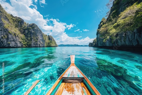 Front view of a canoe floating on clear waters - Pristine view from a canoe heading towards limestone cliffs on a clear turquoise sea under a vivid blue sky