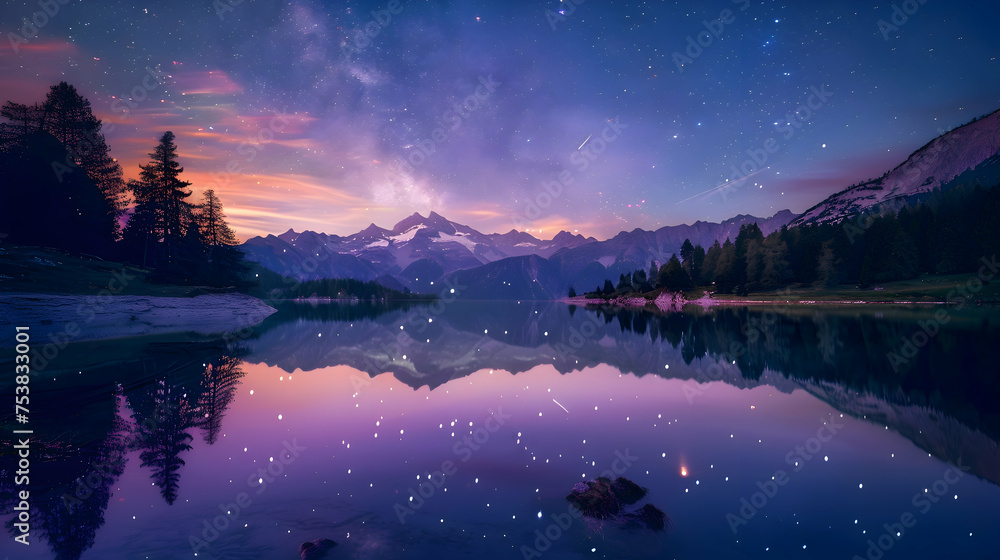 A shooting star reflected in a still mountain lake - obrazy, fototapety, plakaty 
