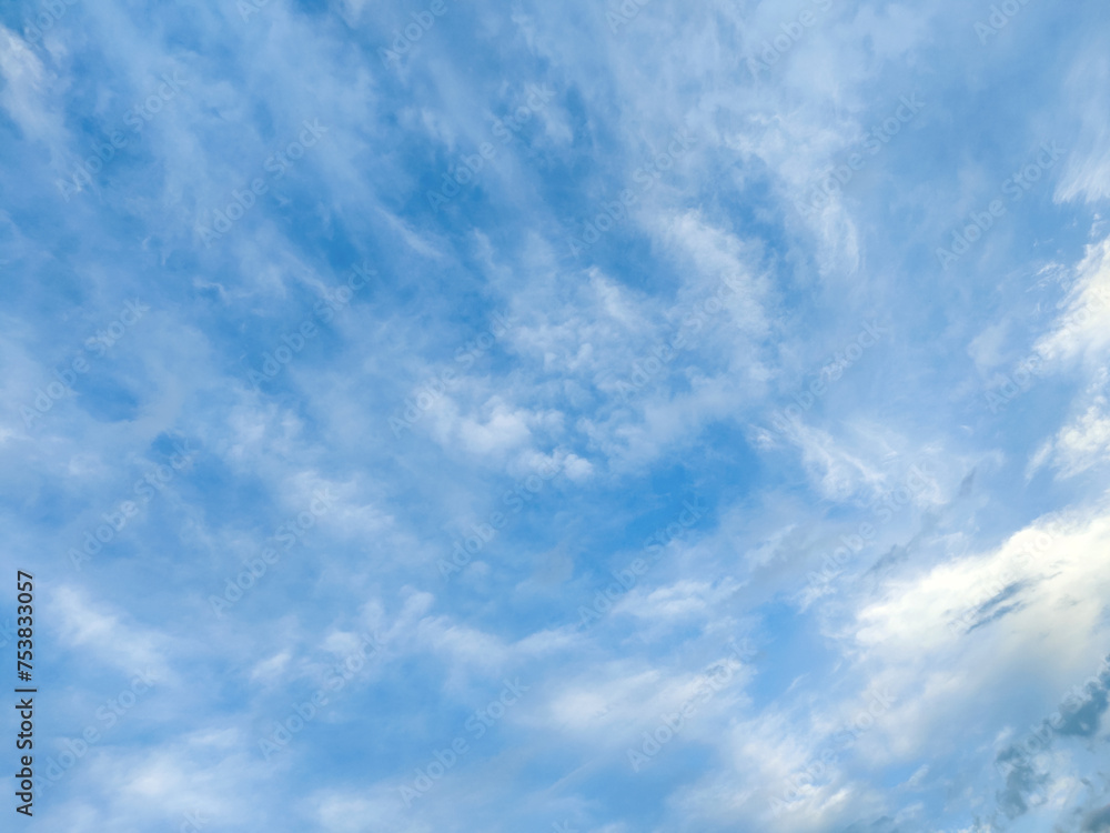 Beautiful cloudy sky. A lot of atmospheric clouds in the blue sky. Natural background, texture, abstract pattern. Full frame.