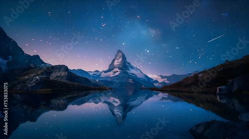 A shooting star reflected in a still mountain lake