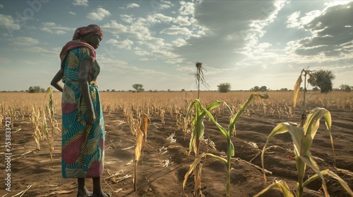 Dry soil, the dead plants on the field and a woman looking at it. The concept of World Day to Combat Desertification and Drought
