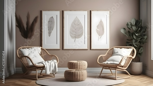 Modern living room interior composition with grey modern sofa, wooden , folding screen and modern Home ai generated