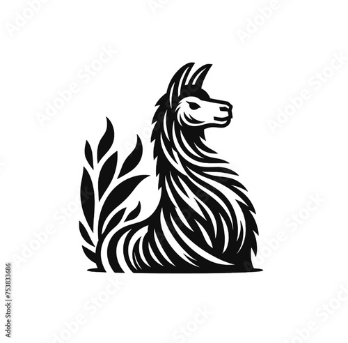 llama or alpaca in nature  monochrome vector isolated emblem illustration