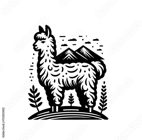 llama or alpaca in nature  monochrome vector isolated emblem illustration