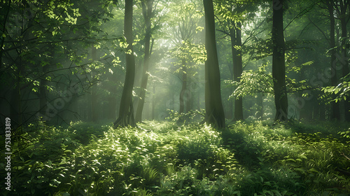 A sun-dappled forest glen alive with the sounds of nature