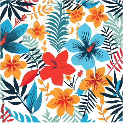 Creative seamless pattern with tropical leaves and f