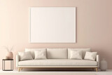 Experience the tranquility of a beige and Scandinavian sofa with a white blank empty frame for copy text, against a soft color wall background.