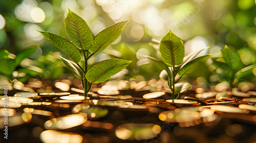 Financial Growth Naturalized, Coins Sprout Among Green, A Symbol of Prosperity Reimagined photo