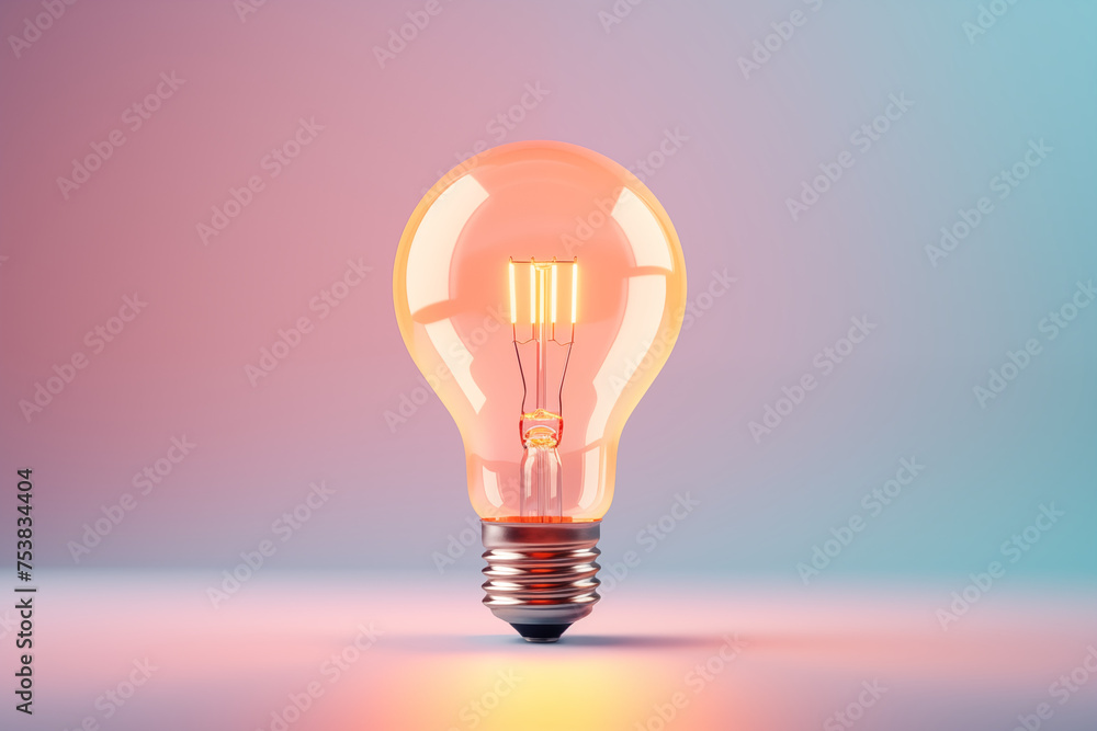 Incandescent bulb glows against serene gradient hues. Concept: symbolizing bright ideas in creative and innovative discussions, with ample copy space. Incandescent bulb glows against serene gradient hues. Concept: symbolizing bright ideas in creative and innovative discussions, with ample copy space.
