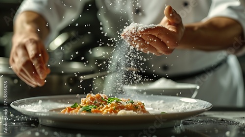 A chef sprinkling sea salt over a dish