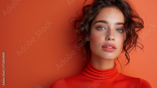 Beautiful model girl in red, in a red background