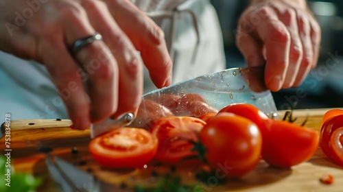 A chef slicing a ripe tomato for a salad