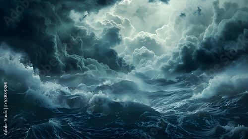 A turbulent sea churns beneath dark  roiling clouds