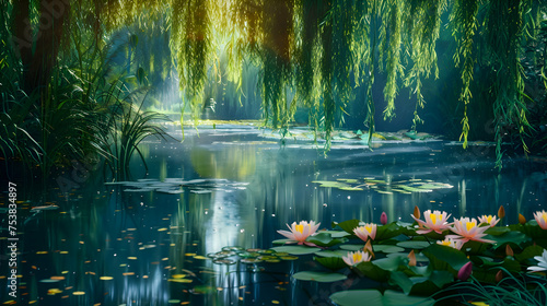 A tranquil pond surrounded by weeping willows and fragrant water lilies