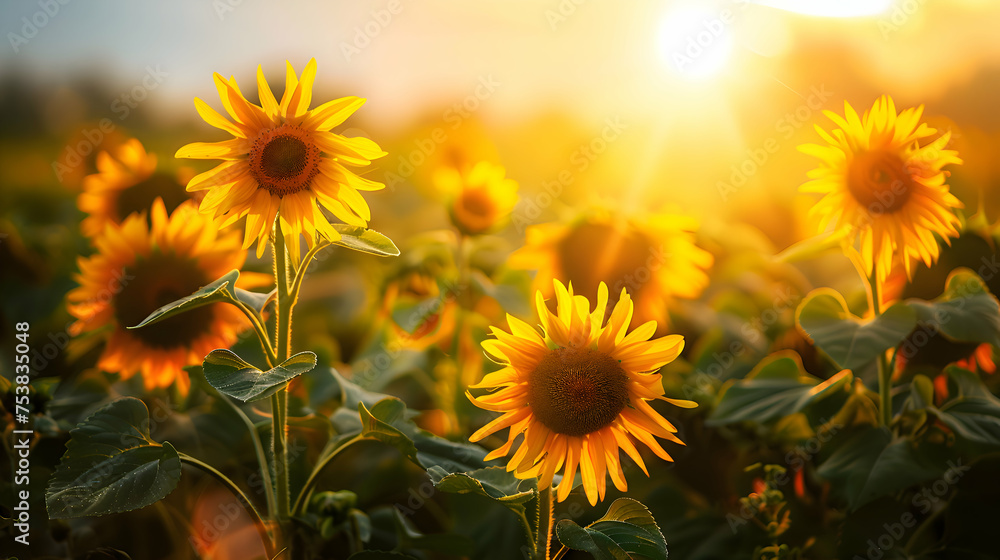 Fototapeta premium A vibrant field of sunflowers basking in golden sunlight