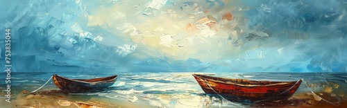 A painting depicting two boats resting on a sandy beach with the ocean in the background. © pham